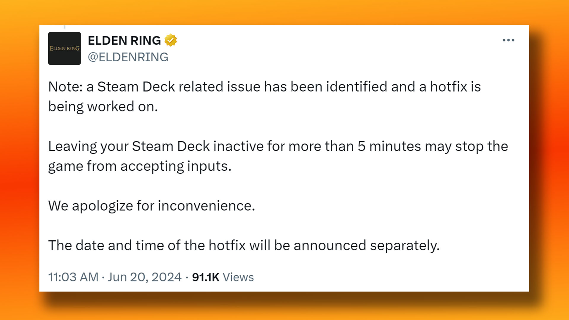 Elden Ring Steam Deck hotfix tweet screenshot