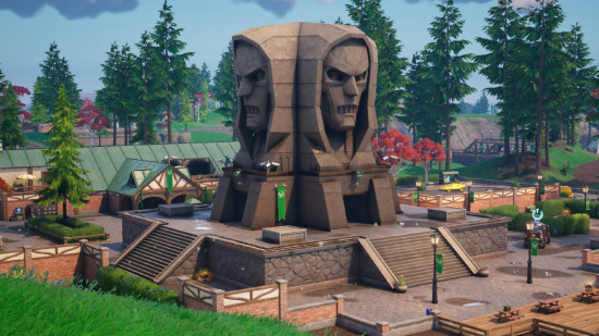 A landmark at Doom's Courtyard featuring a four-sided statue of Doom's face, a POI in the Chapter 5 Season 4 Fortnite map.