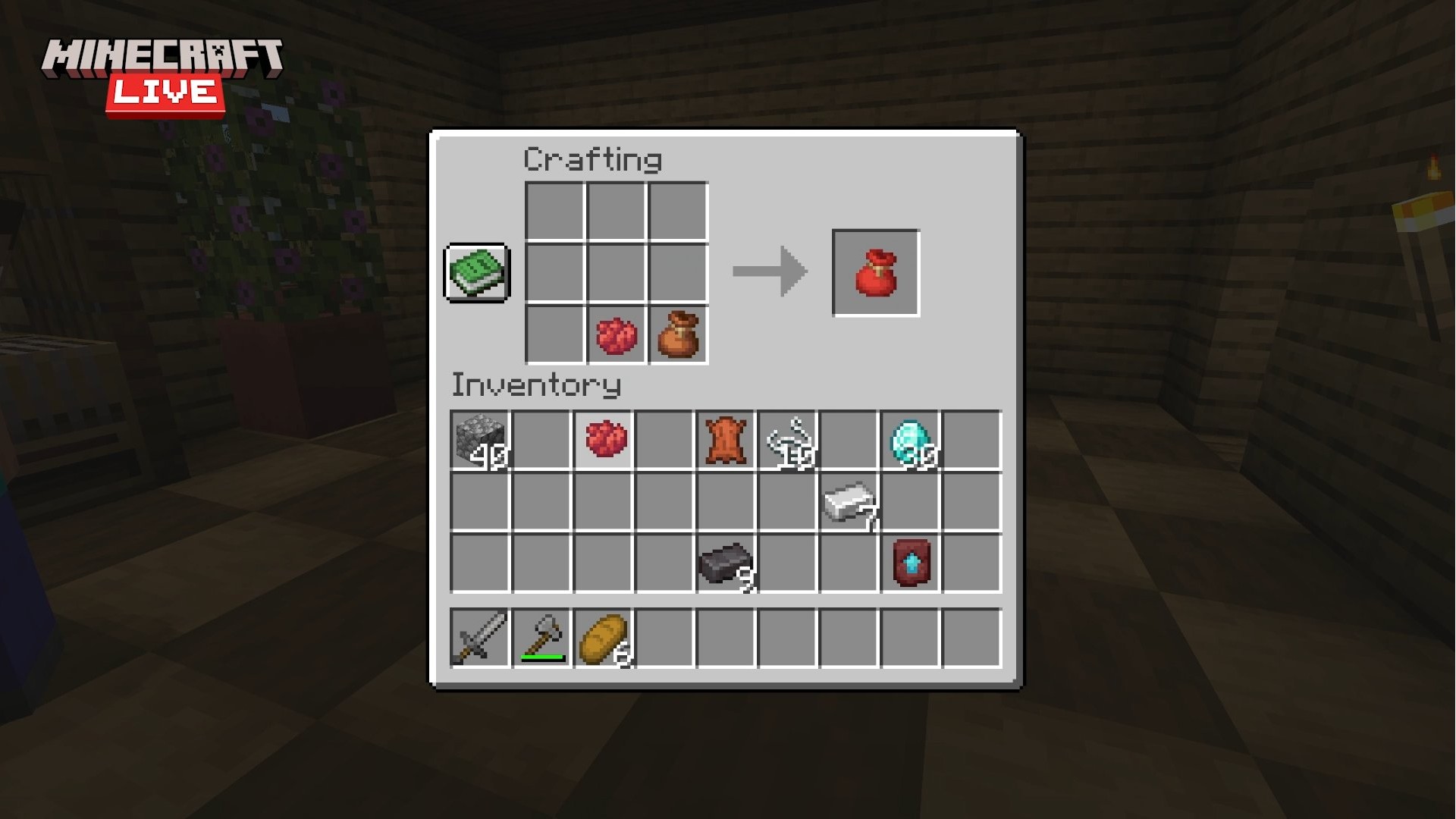 A Minecraft bundle in a crafting table, with an apple inside, in the Minecraft Bundles of Bravery update.