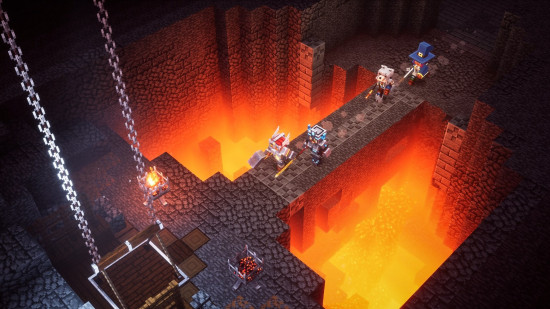 Minecraft characters cross a bridge above a lava lake in Minecraft Dungeons, one of the best games like Minecraft.