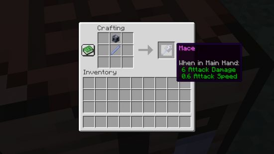 The crafting recipe for the Minecraft mace, showing a heavy core in the slot above a breeze rod.