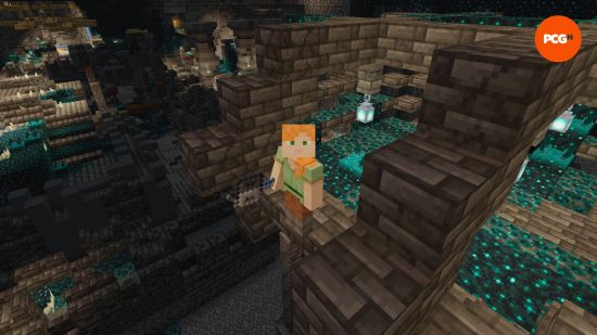 A player holds a Minecraft mace while standing high up in a structure in an Ancient City, ready to drop off the ledge.