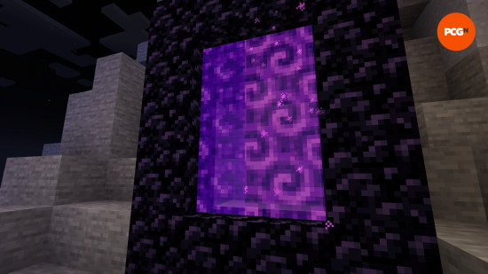 Image shows a Nether portal, but half is the regular animated texture and the other half is with the Fire Rekindled Minecraft texture pack installed.