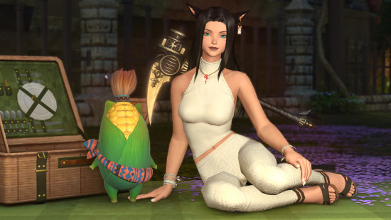 A miqo'te sitting with the Cornservant minion