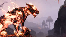 ESO login rewards for August will help make one grind a little easier: A flame-covered cat stands on a rock against a Morrowind-esque background.