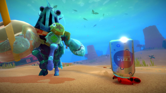 An underwater creature approaches a Crab wearing a drink can as a shell in Another Crab's Treasure, one of the best Game Pass games.