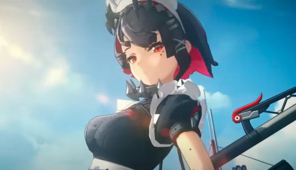 You can get free Zenless Zone Zero polychrome by clicking a button: An anime girl with black short hair, red underneath, wearing a maid outfit looking across her shoulder as the sun shines in a blue sky