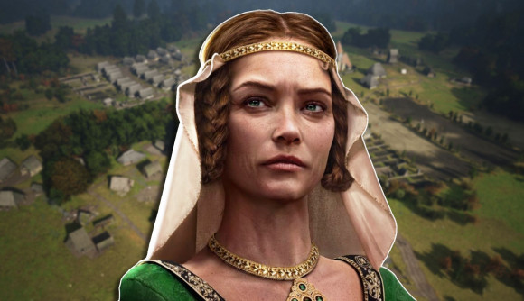 Manor Lords update 0.7.987 patch: A feminine character wearing a green dress and regal jewelry, set against a slightly blurred background of Manor Lords gameplay.