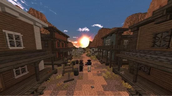 Two Minecraft players ride through an old west town side by side on horses.