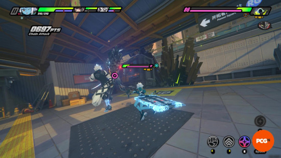 Zenless Zone Zero revenue launch July 2024: A screenshot of combat gameplay shows Lycaon kicking a monster as Soukaku charges forward with their ice-infused flag.