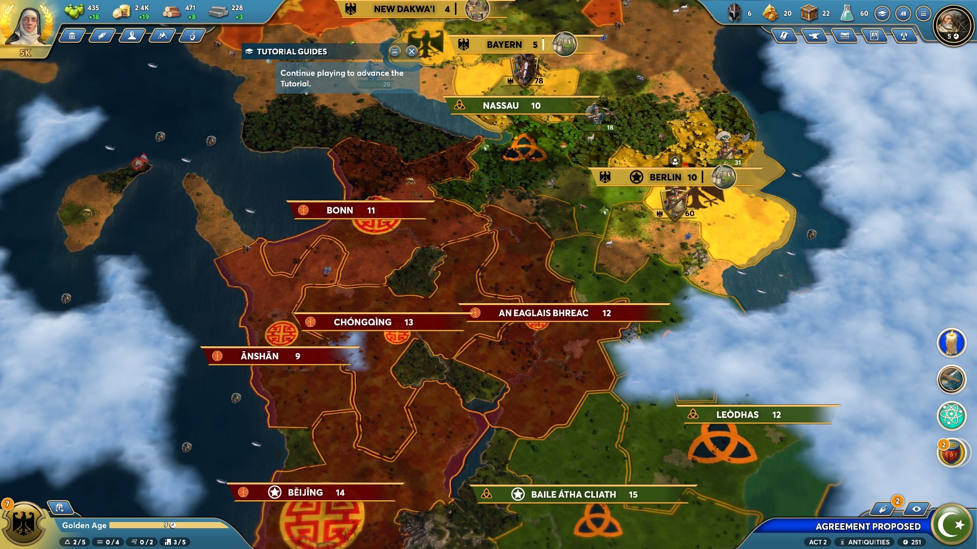 Ara History Untold review: A zoomed-out view of a continent, showing political borders. Three German cities(in yellow) are surrounded by Chinese, Celt, and Cherokee cities.