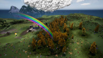 Genesis of a Small God is Populous meets Black & White without limits: A rainbow lands in a forest on a green island with the sea in the distance.