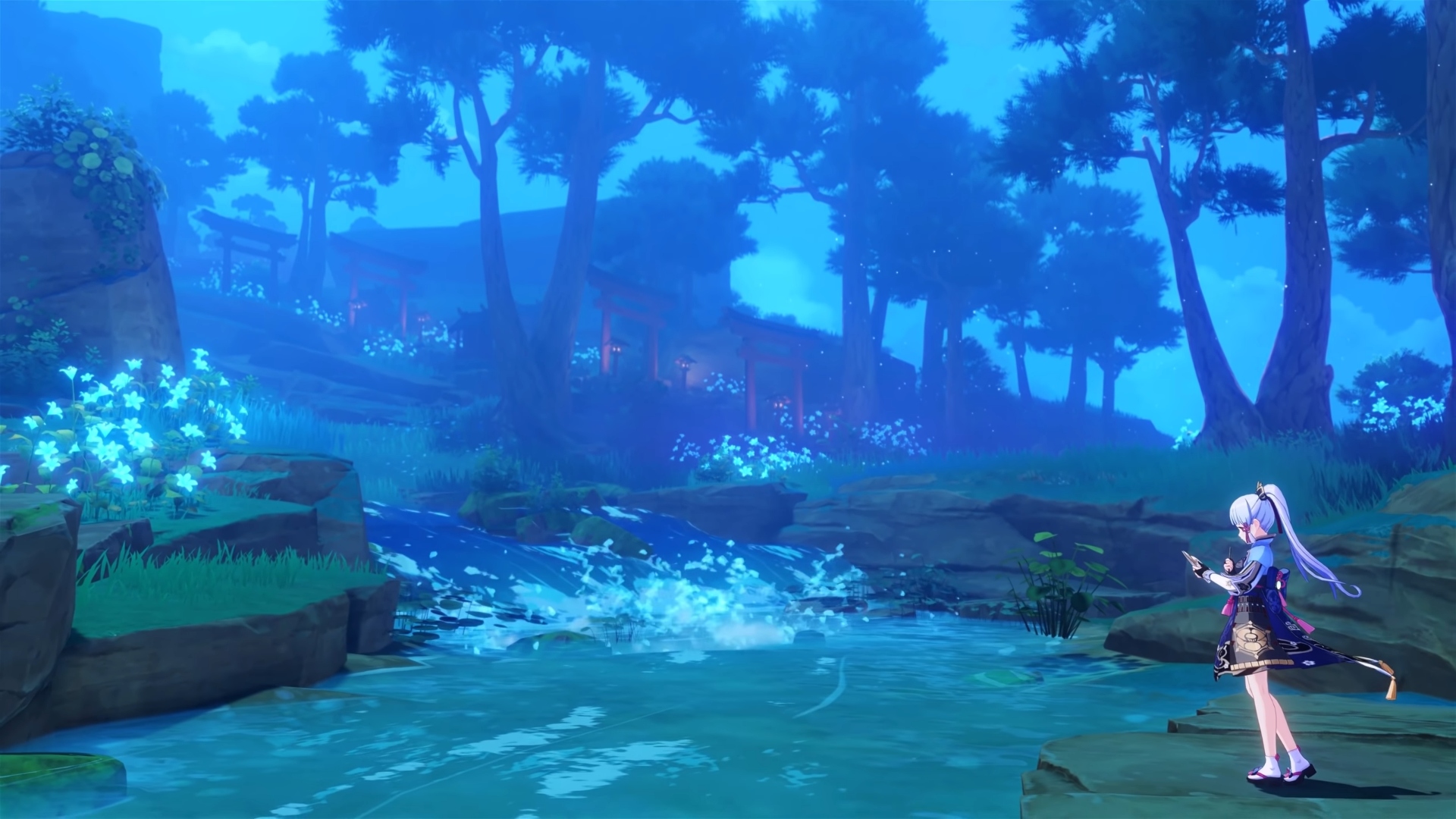 Best free MMOs: A character stands near a river in Genshin Impact at dusk