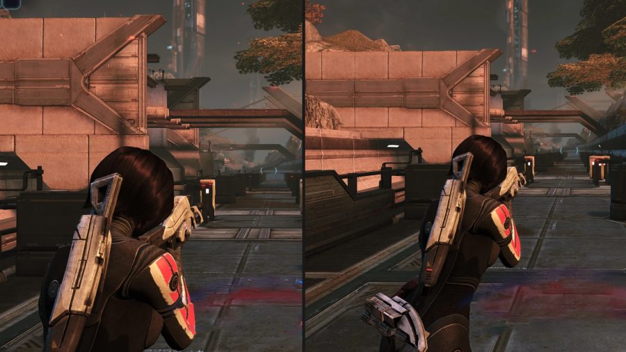 A side by side example of the default FoV and the modded FoV in Mass Effect