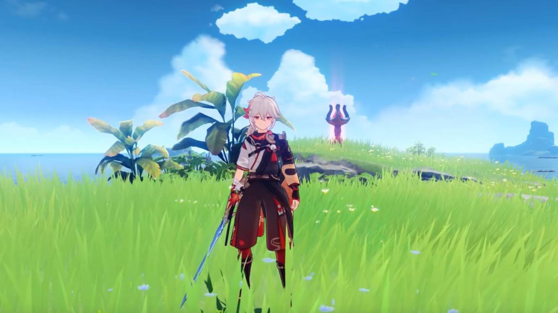 The best anime games: A character from Genshin impact wears deep red clothes and holds a sword in long, green grass.
