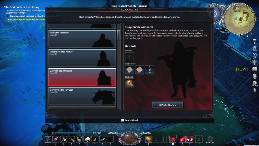 V Rising whetstone recipes - the Blood Altar menu showing Grayson the Armourer as a target. His rewards include the recipe for whetstone.