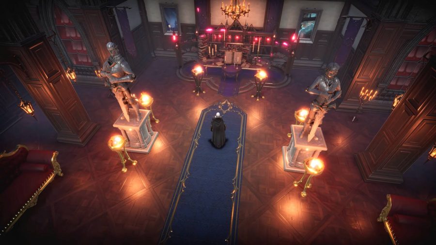 V Rising guide: a vampire admires his study in a library, flanked by two statues.