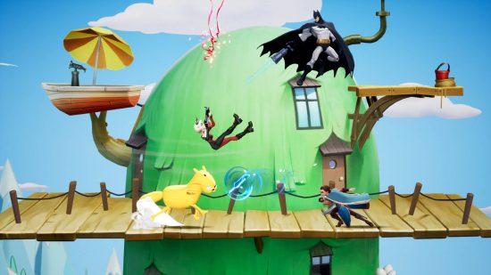 Multiversus tier list: several characters fighting near a treehouse in the Adventure Time universe. Jake is a horse, Batman is aiming a gun at Harley Quinn who is firing confetti, and Arya Stark is throwing a dagger at Jake.