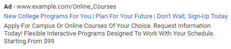 In this example, an ad for online college courses includes the CTA "Don't wait, sign up today."
