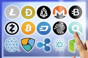 Image of a computer screen with various cryptocurrency logos