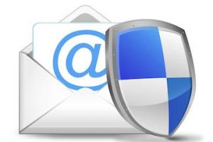 Illustration of an email envelope with a security shield next to it