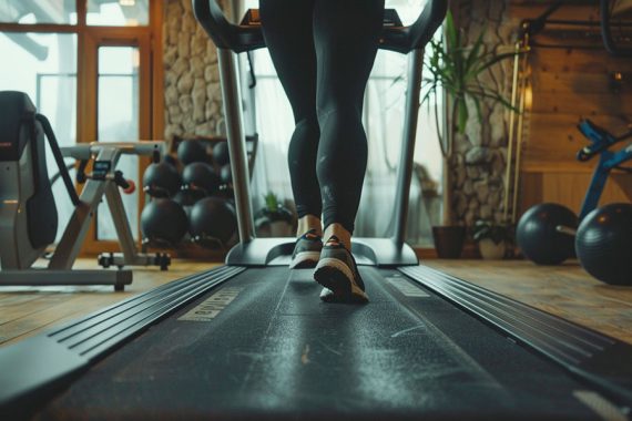 Photo of a gym-like setting with someone walking on a treadmill