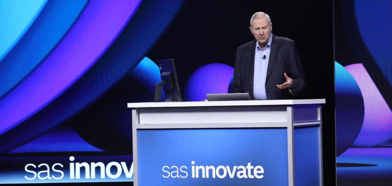 SAS Innovate 2024 stage with Jim Goodnight presenting