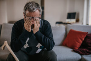 A tired man rubs his eyes underneath his glasses