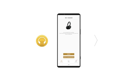 Image of a phone with a Headphones Connect app interface on-screen and the Headphones Connect logo to the left.