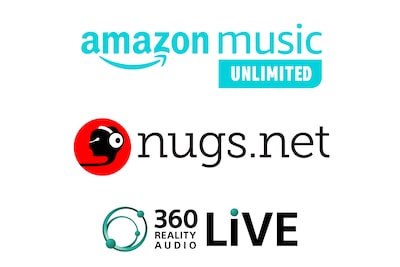 Amazon Music Unlimited, nugs.net and 360 Reality Audio Live logos