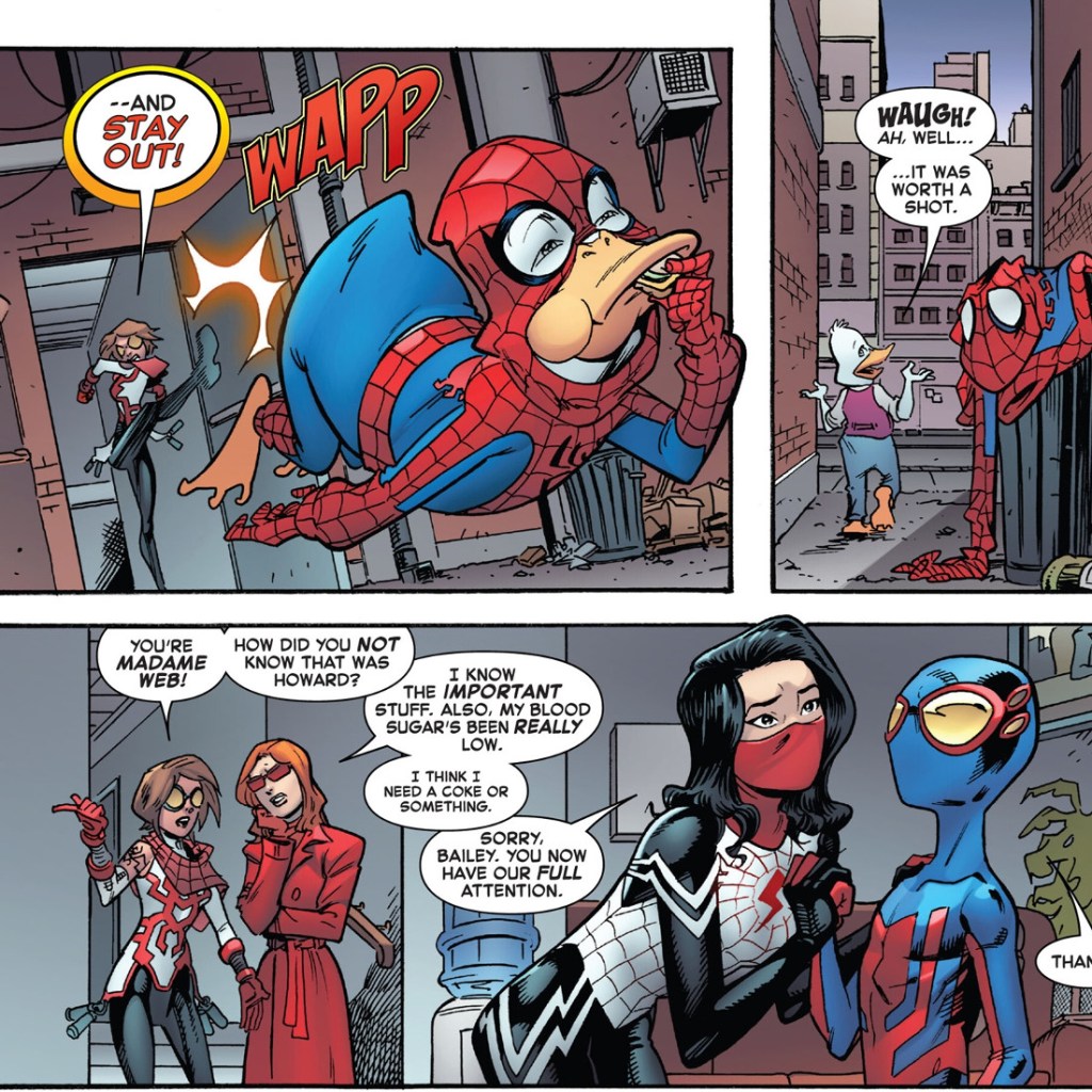 Madame Web Silk and Arana with Howard The Duck in Spider Boy 9