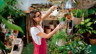 Woman watering flowers.