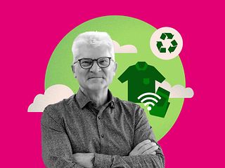 Ruediger Adam in front of a magenta background showing a green illustration of a recycling icon and a shirt.