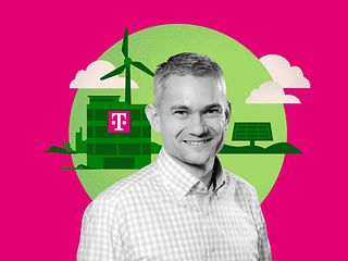 Chris Mathea in front of a magenta illustration with windmills and solar panels.