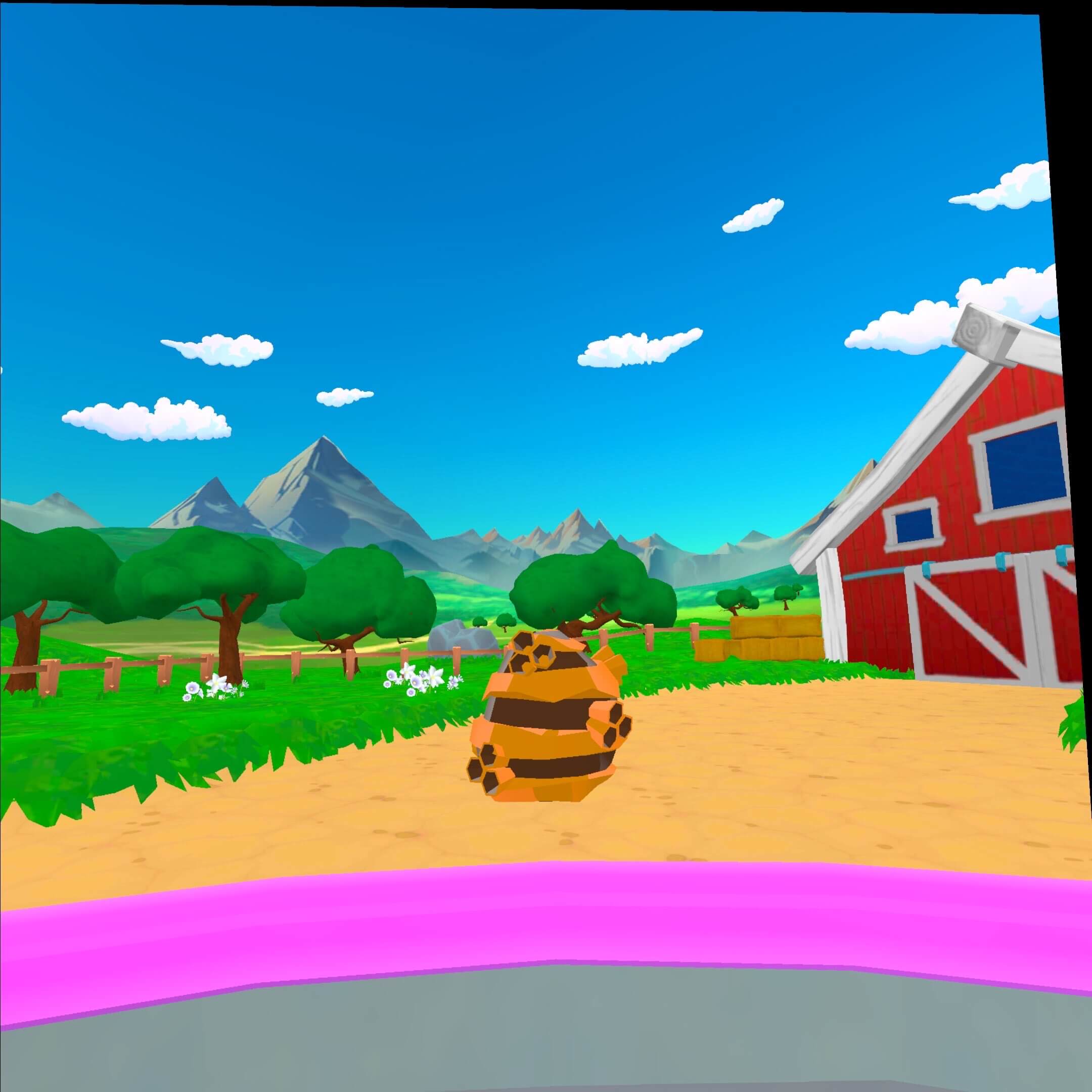 Screenshot from On Point, a beehive in the middle of the screen, and a barn to the right. 