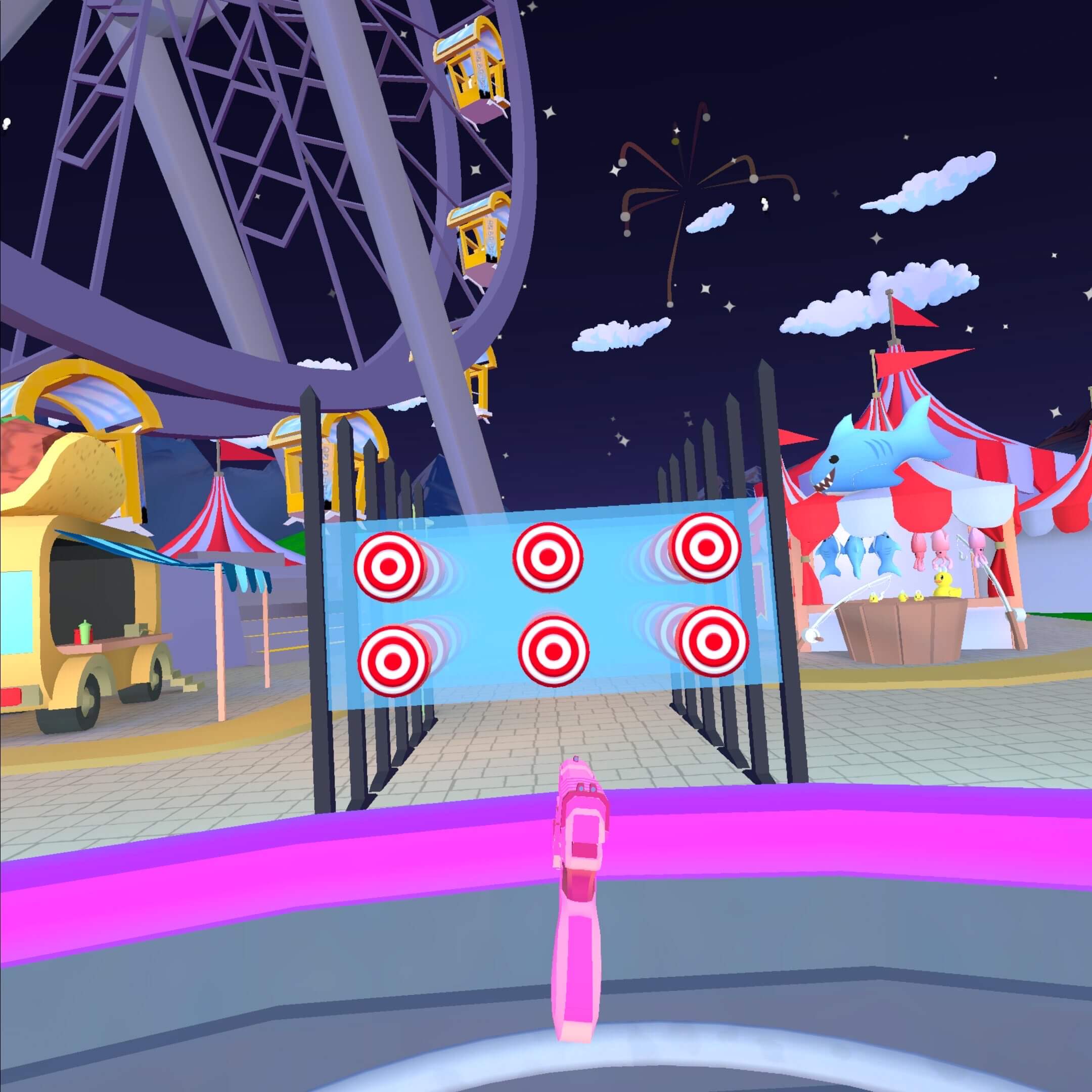 Screenshot from On Point: A row of targets are in front of the gamer, with the pink lightgun present. In the background are fun fair style structures