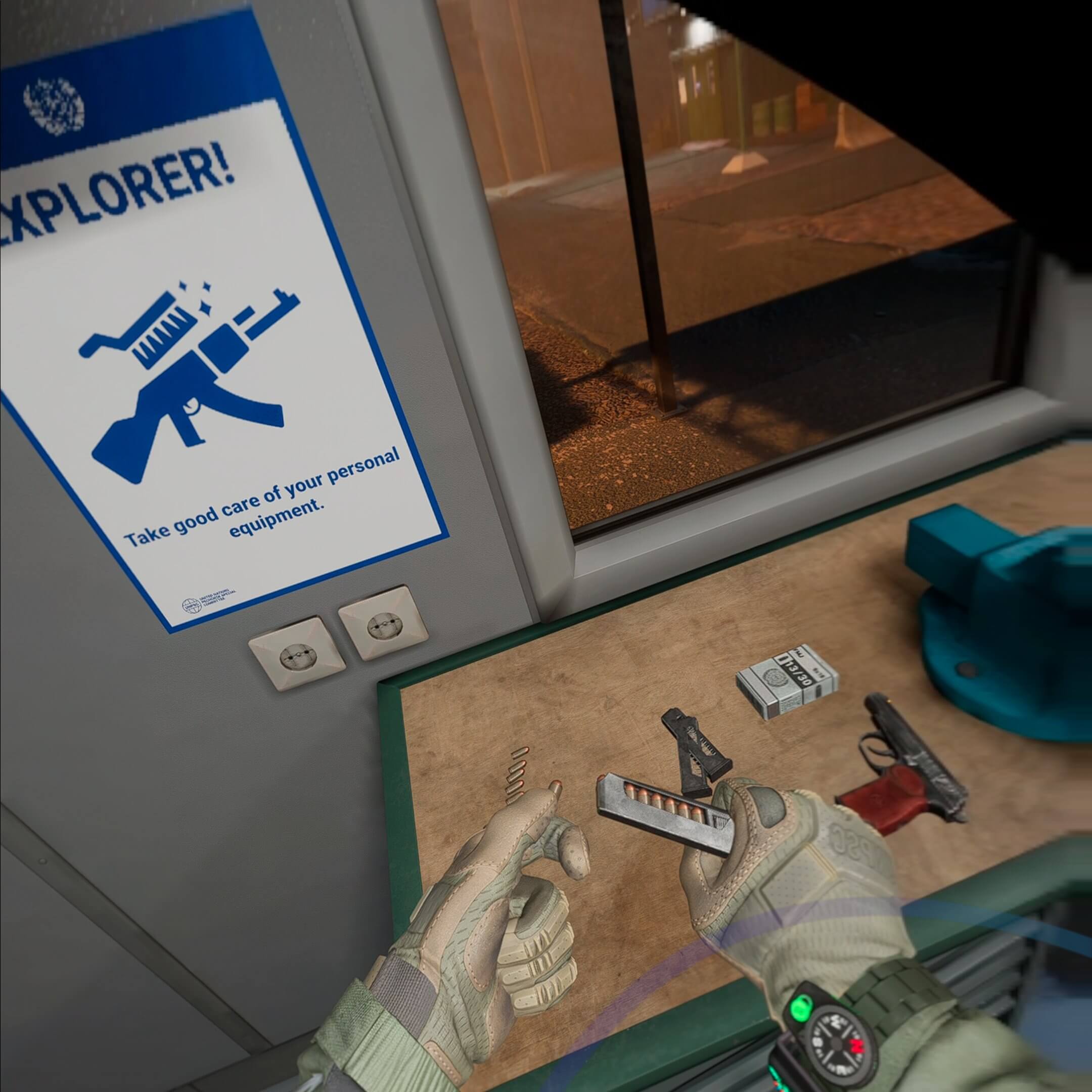 screenshot from into the radius 2: your characters hands are in front reloading a magazine with bullets. There is a handgun on the desk as well as a box of bullets