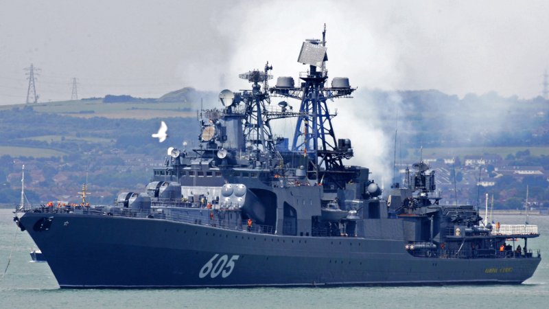 In a cloud of smoke the Russian destroyer Admiral Levchenko leaves Portsmouth for operation FRUKUS.