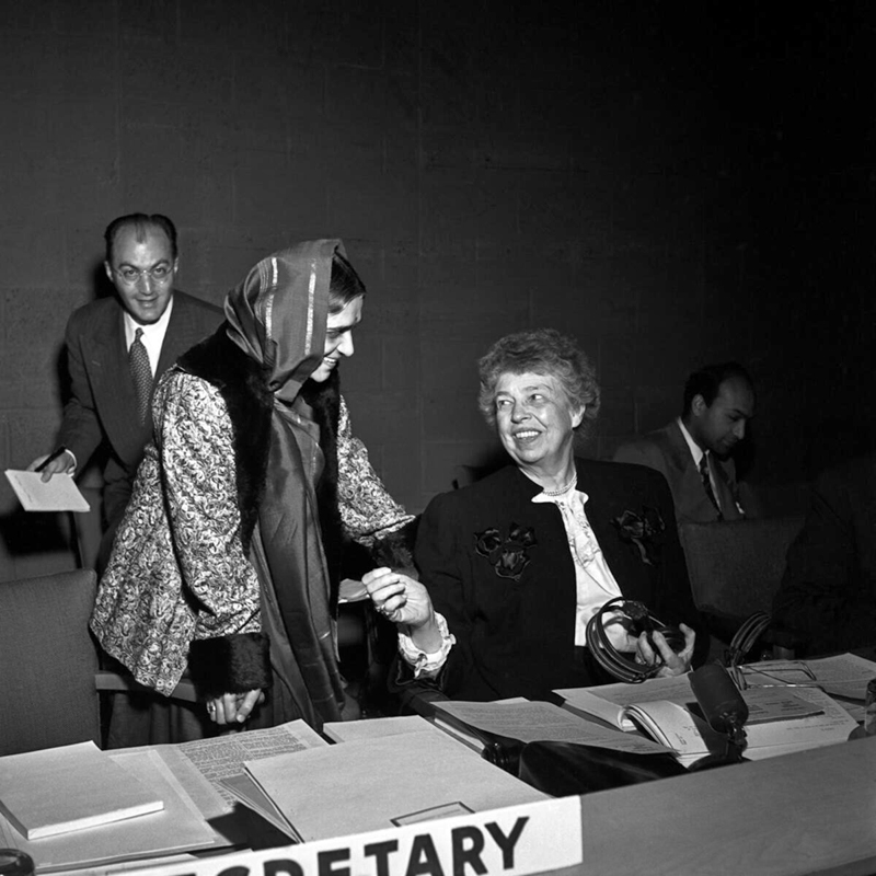 Mrs. Eleanor Roosevelt, seated at right speaking with Mrs. Hansa Mehta who stands next to her. 