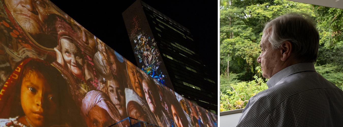 one photo shows a projection of a painting of multiethnic peoples onto the UN building, another photo shows the UN Secretar-General observing a nature reserve.