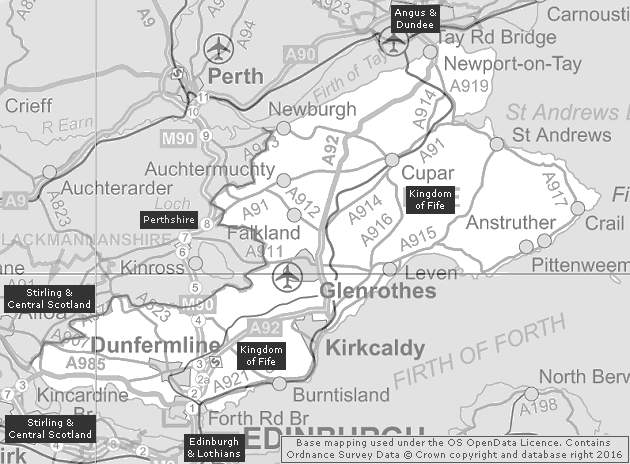 Kingdom of Fife, Showing Main Settlements & Connecting Areas