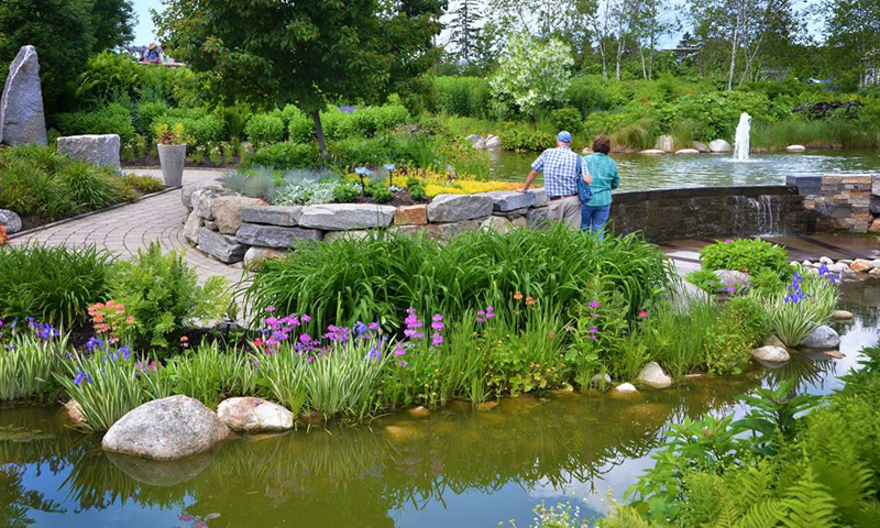 Couple viewing flowers. Photo Provided by Coastal Maine Botanical Gardens