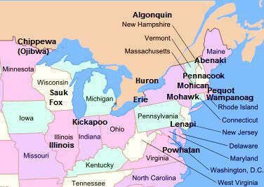 Map showing Northeast Woodland location - Narragansett tribe