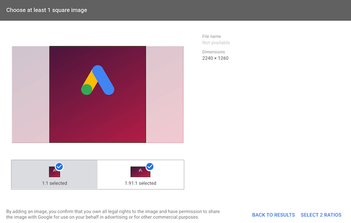 google ads image extension setup—image selection window