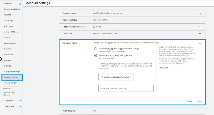 google ads account anatomy - example of the account level auto suggestion options