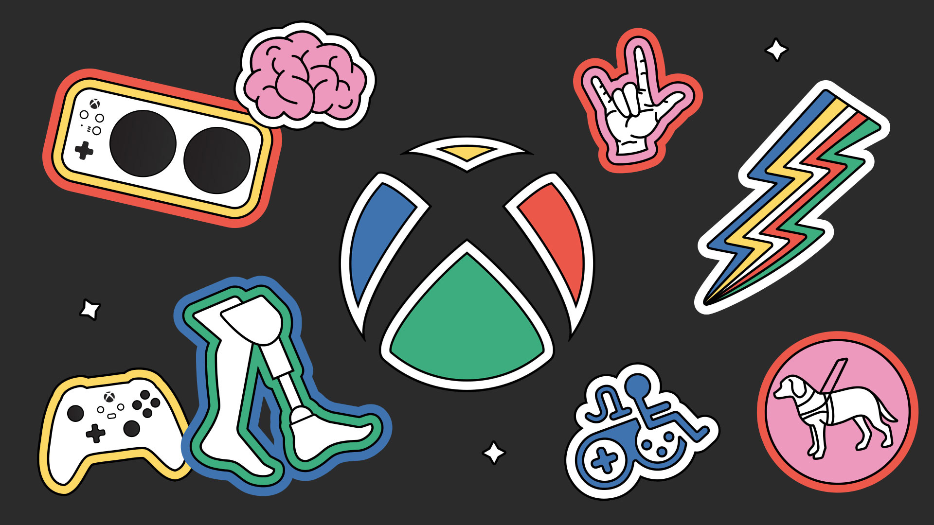 A stylized Xbox logo in support of Gaming & Disability Community with a black background and various icons.